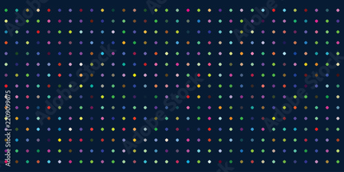 Pattern of multicolored small dots arranged in a grid on a dark blue background