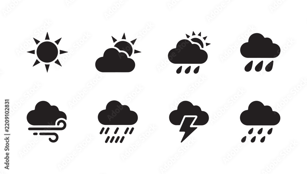 Obraz premium Set of weather icons in black silhouettes representing sun clouds rain wind and lightning for weather forecasting and meteorological themes.
