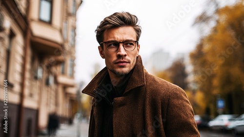 Handsome young man wearing stylish eyeglasses and brown coat walking down city street during autumn daylight hours