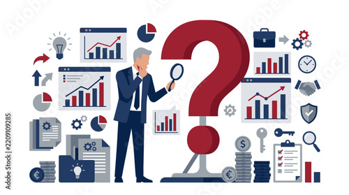 Businessman analyzing business growth and financial data with a magnifying glass and charts.