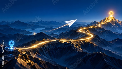 Paper airplane flying from a blue location pin along a glowing winding mountain path toward a golden summit marker, representing strategic roadmap