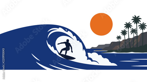 Graphic illustration of a surfer riding a large ocean wave by the coast.