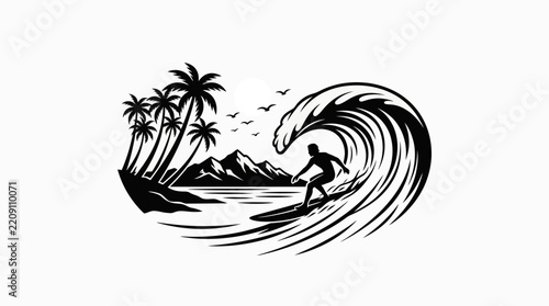 Black and white vector illustration of a surfer riding a large ocean wave.