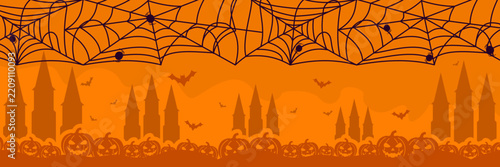 Halloween Banner with Pumpkins Bats and Spider Webs on Orange. Halloween banner vector background
