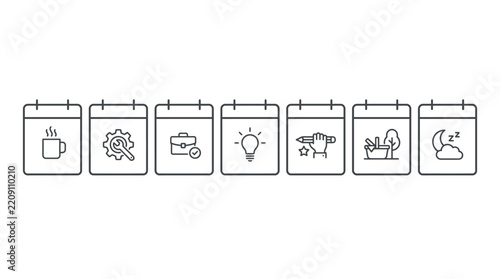 Set of thin line calendar icons representing daily activities and weekly schedule planning.
