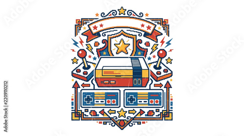 Retro gaming console illustration with joystick controllers and badge design in vintage style.