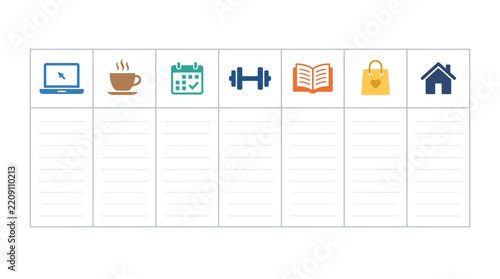 Weekly planner table with colorful lifestyle icons for personal schedule and task management.