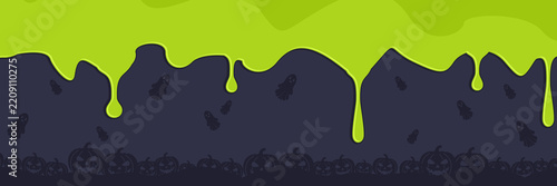 Halloween Banner with Green Dripping Slime and Spooky Background. Halloween banner vector background with slime, ghost, and pumpkins silhouette.