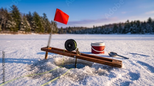 Tip-up set for ice fishing, Ice fishing tip-up with bait and tools on frozen lake in winter forest
