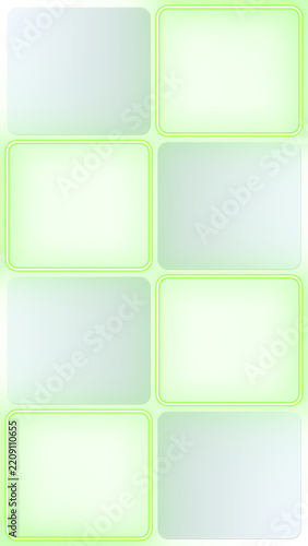 8K Glassmorphism glowing neon green frame overlay set on transparent background, futuristic UI cards for video editing and tech web design
