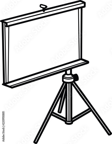 Portable projection screen on a tripod stand, black and white line.