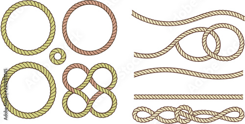 Set of hand-drawn rope frames, borders, and knots in green and brown.