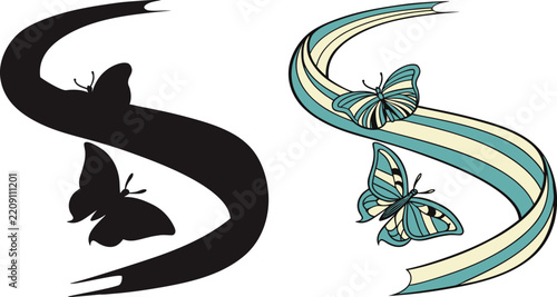 S-shaped ribbon swirls with butterfly silhouettes and detailed.