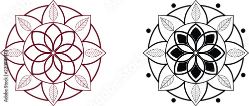 Two circular mandala with floral petals and leaf patterns.