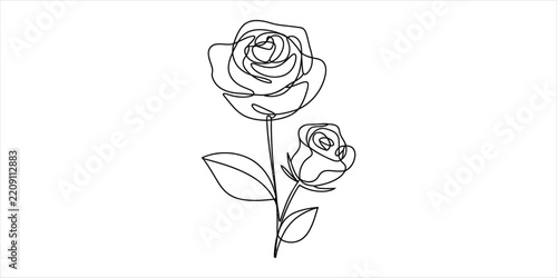 Continuous single line drawing of two beautiful rose flowers with leaves in a simple minimalist art style