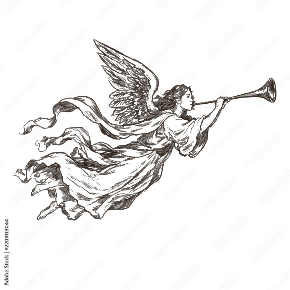 Fototapeta premium Flying Christmas angel blowing a trumpet. Vintage biblical illustration of a heavenly messenger announcing the birth of Jesus, isolated on white background