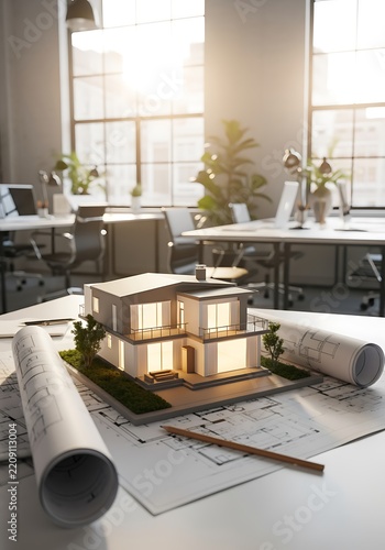 Architectural House Model on Blueprints with Sunlit Office Background