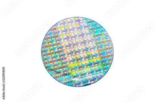 Silicon wafer for manufacturing semiconductor of integrated circuit.Electronic circuit designs built onto the wafers using micromaching including photolithography,isolated on white background