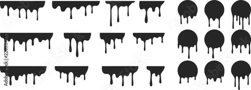Collection of black paint drip shapes and liquid ink drops with ink drop