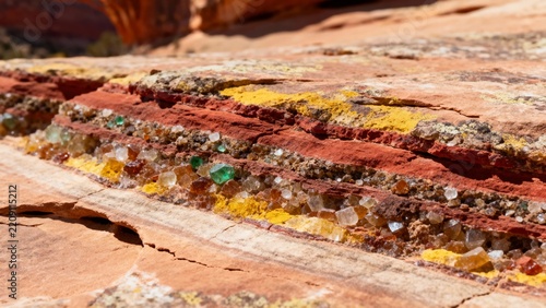 Layered sedimentary rock with colorful mineral deposits and embedded crystals