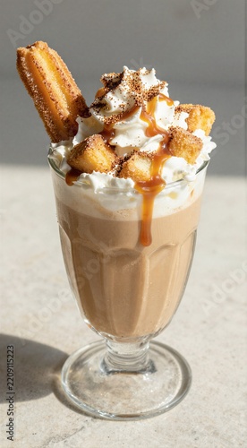 Delicious churro milkshake topped with whipped cream, caramel drizzle, and mini churros served in a vintage glass on a light surface