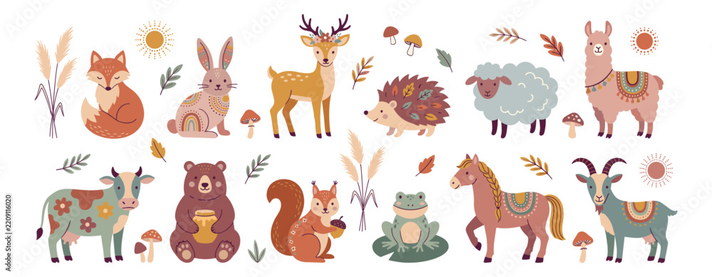 Obraz premium Forest Animal Vector Set Boho Nursery Woodland Characters