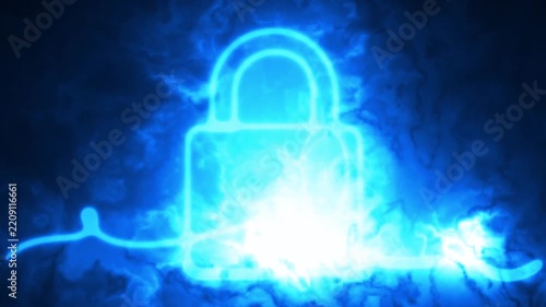 Glowing padlock icon animation depicting a cyan glowing lock with an eye symbol on a flowing line background. 4K animation.