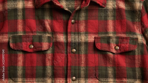 A red and green plaid flannel shirt with buttons and pockets, laid flat on a white background.