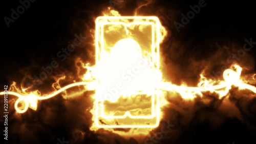 Glowing padlock animation loop depicting a fiery lock symbol on a burning line background with bright flames. 4K animation.