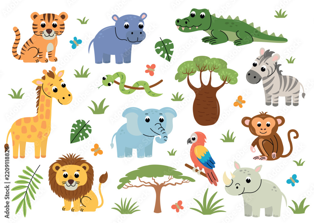 Obraz premium Cute cartoon set of African animals including lions, tigers, elephants, zebras, giraffes, rhinos, hippos and crocodiles.