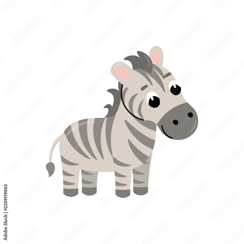 Obraz premium Cute cartoon zebra for children in a friendly flat vector style, isolated on a white background.