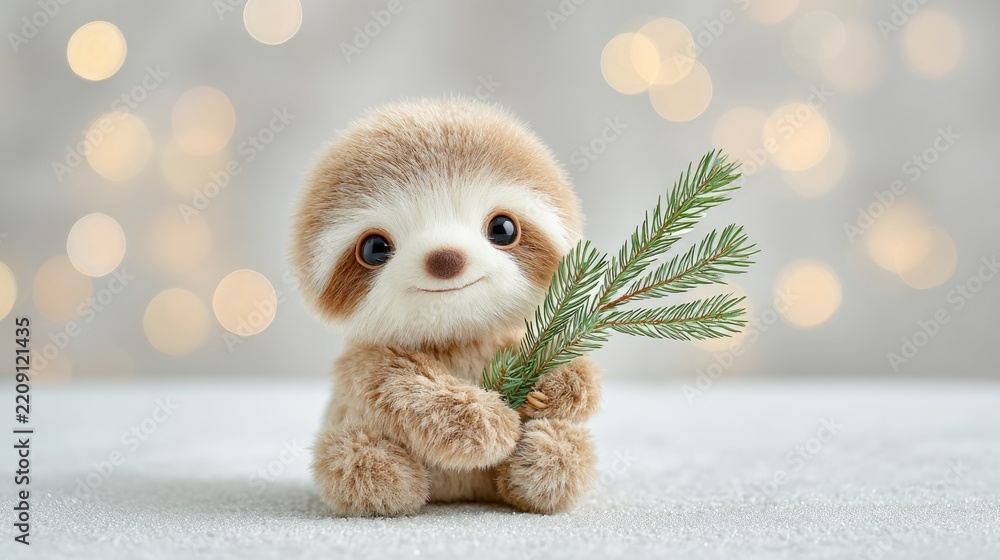 Obraz premium Adorable fluffy sloth holding pine branch with bokeh background for winter decor