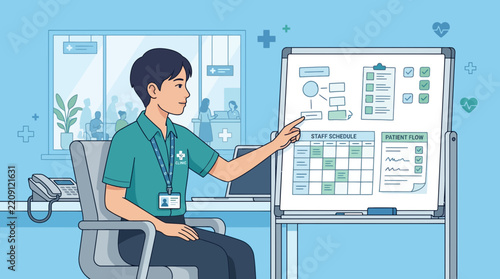 Healthcare professional presenting patient flow and staff schedule on whiteboard