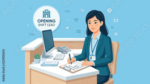 Healthcare Administrator at Desk Writing, Opening Shift Lead Concept