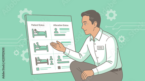 Healthcare professional presenting patient and allocation status on a digital dashboard