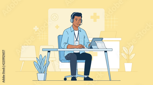 Healthcare professional working at reception desk with headset and tablet