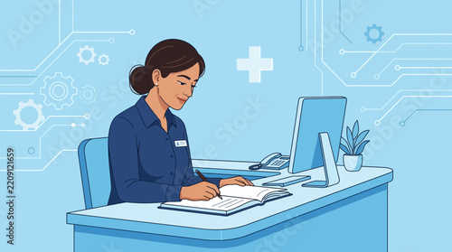 Healthcare professional working at desk, digital technology background