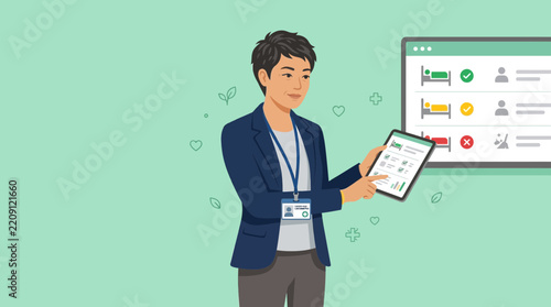 Healthcare professional presenting patient data on tablet and screen