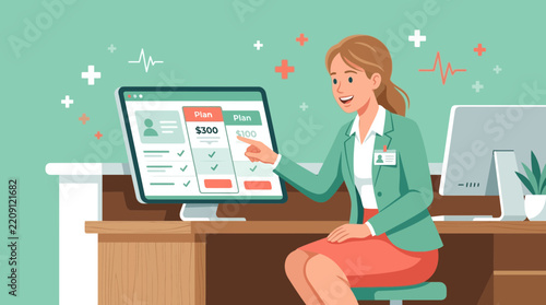 Healthcare professional presenting pricing plans on a computer screen