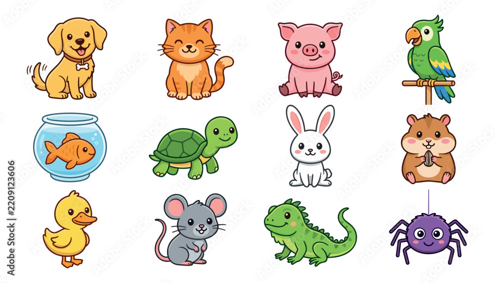 Obraz premium Cute Kawaii Domestic Pet Animal Character Sticker Set Featuring Puppy Dog, Kitten Cat, Pig, Parrot, Goldfish Bowl, Turtle, Rabbit, Hamster, Duckling, Mouse, Iguana, and Spider
