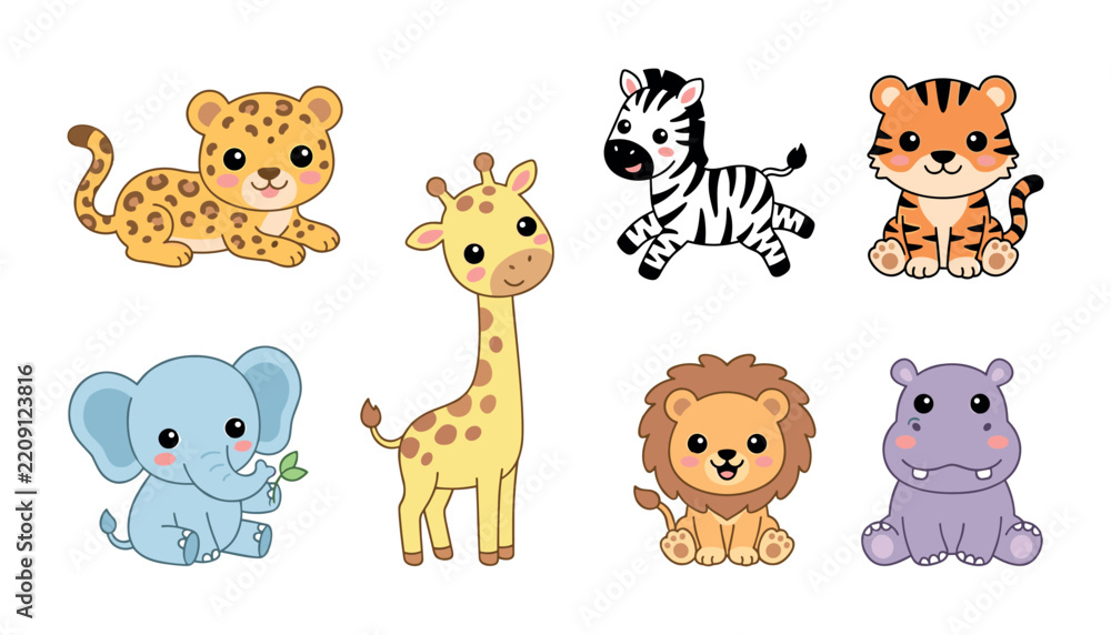 Obraz premium Cute Kawaii Safari Animal Vector Sticker Set with Adorable Baby Leopard Elephant Giraffe Zebra Lion Tiger and Hippo for Nursery Designs