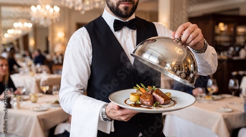 Waiter serving gourmet duck meal under silver cloche dome in luxury restaurant. Server presenting hot roasted dish to guest during evening fine dining hospitality service
