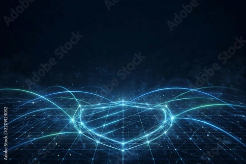 Cybersecurity threat map abstract background with glowing network arcs and copy space