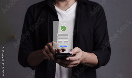 Young Man Hand Using Smartphone For Mobile Payment, Online payment, Digital, and Online shopping, Bank account phone, Mobile banking