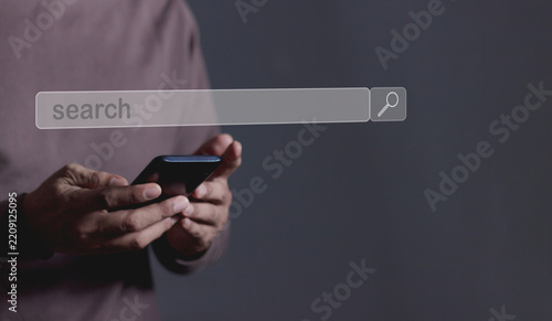 Young man with smartphone mobile to search bar, Search job