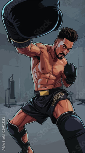 Muscular kickboxer throwing a powerful punch with high-energy comic book style action lines.