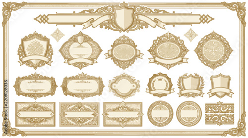 Vintage decorative elements, ornate borders, frames, shields, labels