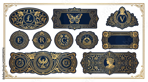 Ornate Gold Decorative Frames and Emblems with Letters and Symbols