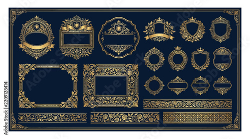Ornate Golden Frames and Borders with Vintage Flourishes on Transparent Background