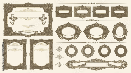 Victorian ornate frames and banners, vintage decorative elements, isolated